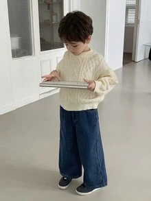 Dazy Kids Young Boys Loose Straight Leg Thermal Lined Long Pants Autumn/Winter Denim Washed Thick Jeans - Blue - View 2