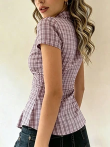 Sundraya Women's Casual Plaid Single-Breasted Collared Short Sleeve Shirt - Dusty Pink - View 2