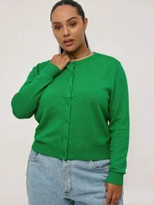 SHEIN BASICS Plain Casual Long Sleeve Plus Size Cardigan In Fall Winter Clothes - Green - View 3