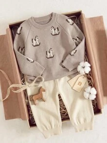 SHEIN Young Boys Sweater Co-Ords, Camel Color, Autumn/Winter, Teddy Bear Jacquard Knit Sweater And Pants Set, Raglan Long Sleeve, Soft And Comfortable, Suitable For Daily Wear - Camel - View 1