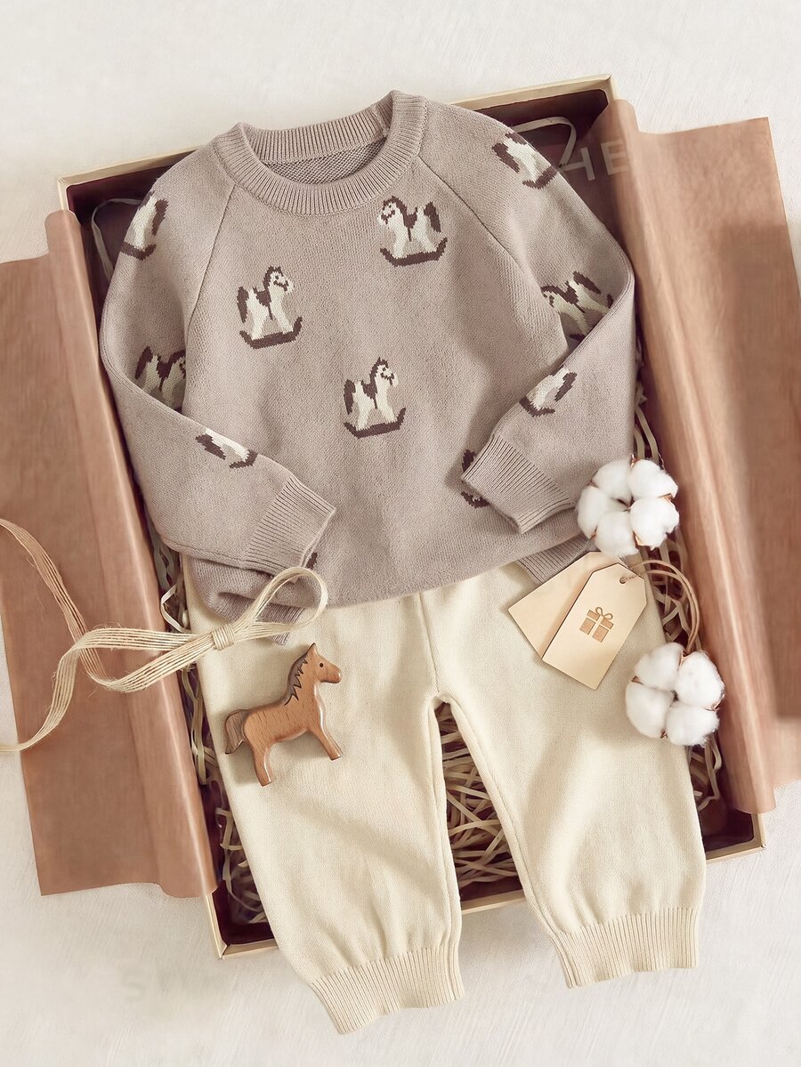 SHEIN Young Boys Sweater Co-Ords, Camel Color, Autumn/Winter, Teddy Bear Jacquard Knit Sweater And Pants Set, Raglan Long Sleeve, Soft And Comfortable, Suitable For Daily Wear - Camel - View 1