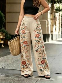 Linhara CURVE Women's Bohemian Style Embroidered Printed Wide Leg Pants, Loose Linen Texture Casual Pants, Suitable For Vacation Wear Fall - Multicolor - View 3