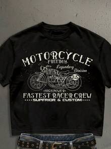 StoneGrade Men's Black American Vintage Motorcycle Print Cropped Loose Fit Short Sleeve T-Shirt - Black - View 2