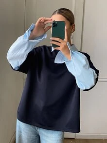 DAZY Women's Loose Letter Print 2 In 1 Long Sleeve Collared Casual Streetwear Vacation Sweatshirt, Spring/Autumn - Blue - View 4