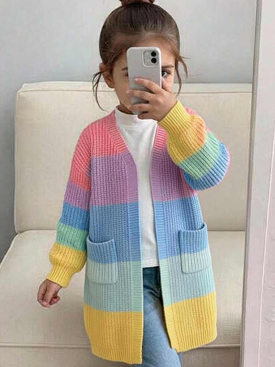 SHEIN 女童長版開襟衫,彩虹拼接配色,適合秋冬返校季 - 彩色 - 查看 1