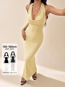 SHEIN PETITE 女款純色網紗垂領披領優雅約會晚禮服長洋裝，度假風秋冬節慶穿搭 - 淡黃色 - 查看 2