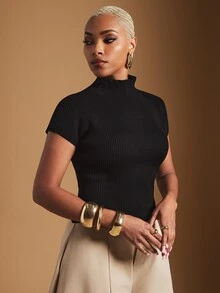 Vixey Solid Color Stand Collar Short Sleeve Knit Top, Office Outfits, - Black - View 4
