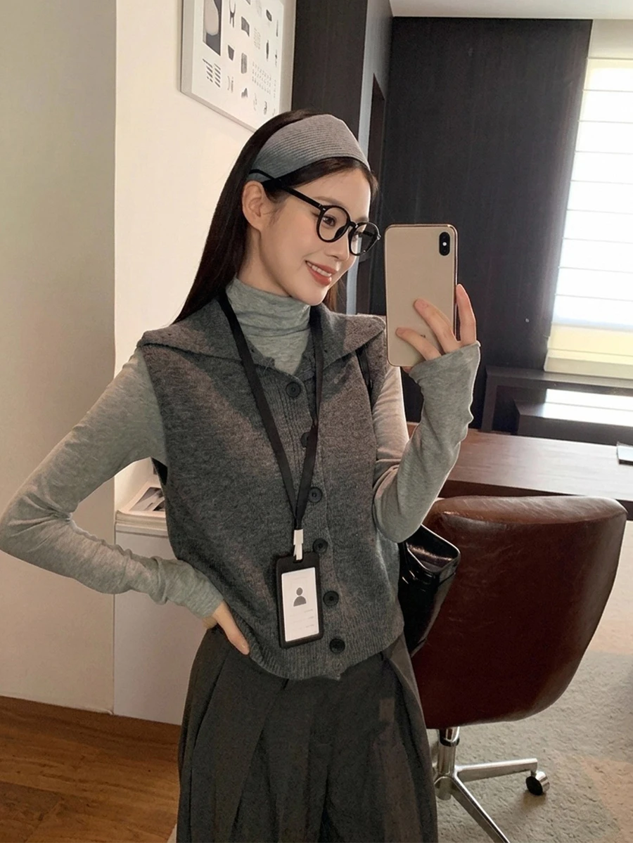 DAZY Rompi Rajut Leher Tinggi Abu-abu Gelap untuk Melangsingkan Tubuh Wanita Musim Gugur/Dingin, Rompi Sweater Bolak-balik untuk Pakaian Berlapis - Grey - View 1