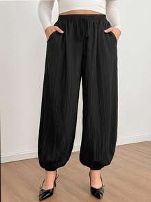 Shapeblank Plus-Size Women's Summer Casual Traditional Loose Slimming Textured Fabric Black Elastic Waist Lantern Pants Bottom Formal Office Dinner - Black - View 4