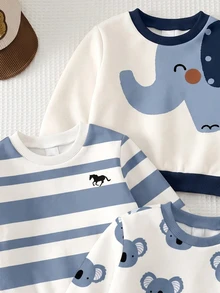 Set Sweatshirt Lengan Panjang 3 Potong untuk Anak Laki-Laki, Motif Klasik Retro Lucu dengan Blok Warna dan Patchwork, Motif Kartun Gajah Klasik, Motif Hewan Kukang Klasik, 3 Potong, Cocok untuk Musim Gugur/Musim Dingin - MultiWarna - View 4