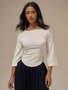 MUSERA ESSENTIALS White Fine Ribbed Knit Boat Neckline Curved Dip Hem Three Quarter Flare Sleeve Slim Fitted Top Basics Loungewear Casual Everyday Essentials - White - View 1