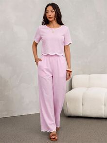 SHEIN PETITE 2件組女款夏季休閒黑白格紋對比色圓領短袖上衣與長褲套裝 - 粉色 - 查看 8