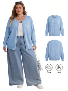 SHEIN CURVE+ Plus Size Casual Solid Color Round Neck Long Sleeved Loose Cut Women's Yellow Sweater Cardigan, Winter - Blue - View 1