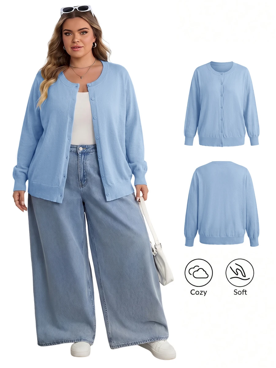 SHEIN CURVE+ Plus Size Casual Solid Color Round Neck Long Sleeved Loose Cut Women's Yellow Sweater Cardigan, Winter - Blue - View 1