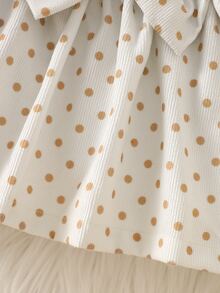 SHEIN Newborn Baby Girl Spring/Autumn Elegant Sweet Ruffle Collar Long Sleeve Ruffle Fake Suspenders Big Bow Brushed Ribbed & Polka Dot Corduroy Dress With Matching Headband - Apricot - View 3