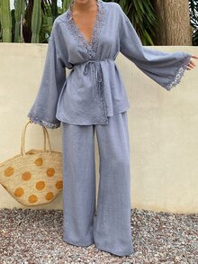 DAZY 女款純色對比蕾絲長袖晨袍與寬腿褲休閒兩件套 - 藍色 - 查看 4