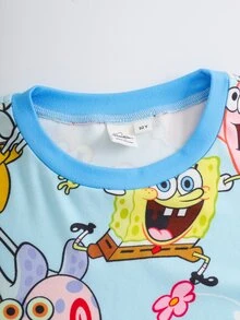 SpongeBob SquarePants | SHEIN Tween Boy Round Neck Long Sleeve Top And Pants Snug Fit Lounge Wear - Blue - View 3