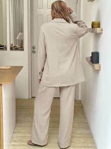 SHEIN LUNE 休閒純色卡其長袖襯衫與長褲套裝，秋冬款 - 卡其色 - 查看 2