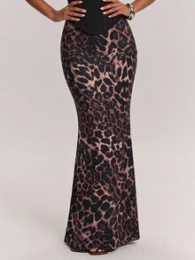 SHEIN BAE Women's Elegant Fashion Leopard Print Satin Mermaid Skirt - Black - View 6