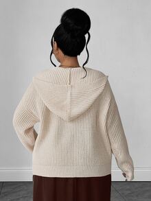 Maweii Plus Size Women's Hooded Button-Up Dual Pocket Casual Cardigan - Apricot - View 3