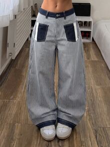 SHEIN Women's Casual Striped Curved Leg Jeans - Blue - View 2