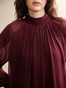 SHEIN Women's Small Stand Collar Chiffon Woven Multi-Layer Ruffle Design Loose Fit Elegant Date Long Dress - Burgundy - View 5