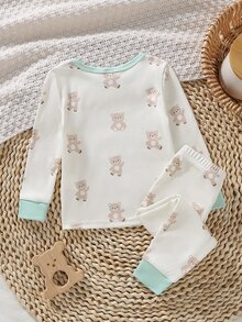 Baby Boys Spring/Autumn Cartoon Bear Print Random All-Over Print Crew Neck Long Sleeve Top And Elastic Waist Long Pants Snug Fit Loungewear - Multicolor - View 2