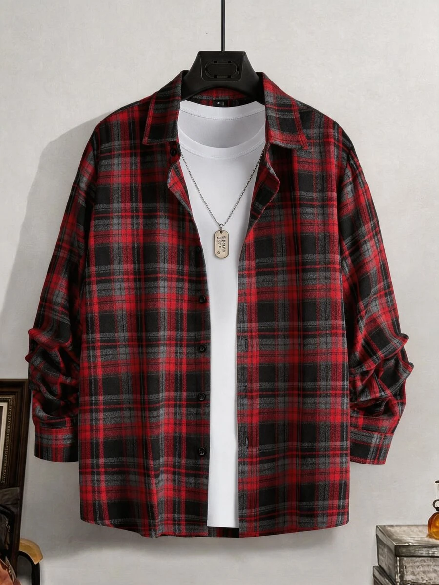 Manfinity Homme Men's Casual Plaid Long Sleeve Shirt, Autumn - Multicolor - View 1