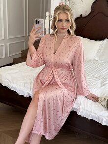 CottageSlumber Plus Size Women's Knit Ditsy Floral Tie-Front Robe - Dusty Pink - View 7