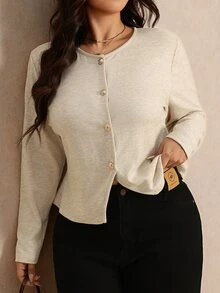Elaquor Plus Size Autumn Casual Solid Color Front Button T-Shirt - Apricot - View 5