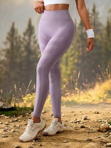 Exploreva Women's AB Yarn Gradient Horizontal Stripe Curved Pattern Seamless High Waist Yoga Pants, Hip Diagonal Texture Shaping Tummy Control Fitness Leggings, Multicolor Gradient Textured Butt Lifting Sports Base Layer - Purple - View 4