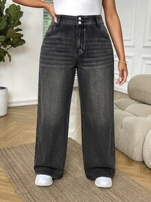 SHEIN MOD Plus Size Casual Washed Straight Leg Jeans - Black - View 1