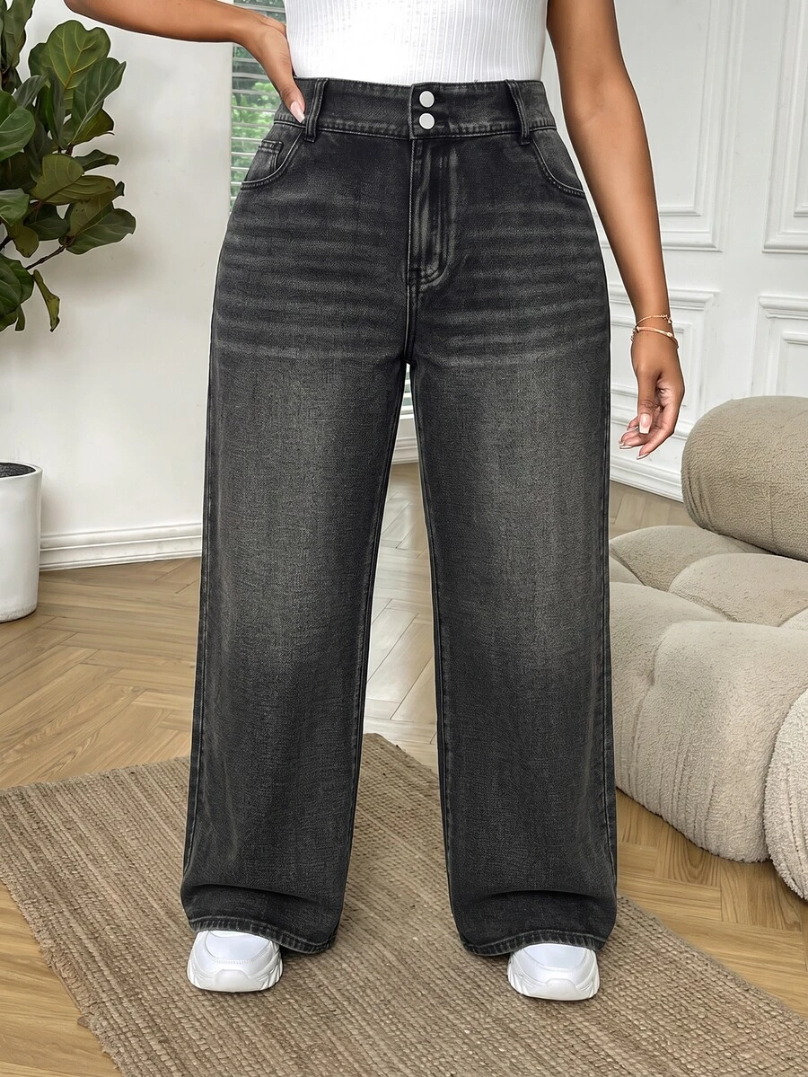 SHEIN MOD Plus Size Casual Washed Straight Leg Jeans - Black - View 1