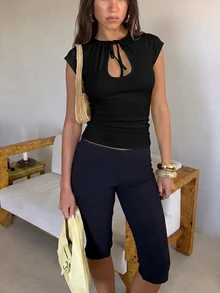 Aloruh Women's Casual Sexy Front Cut-Out Lace-Up Fitted Solid Black Cropped T-Shirt Going Out Night Out Summer - Black - View 4