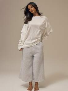 MUSERA ESSENTIALS Solid White Double Layer Overlay Sleeve Crew Neckline Oversized Fit T-Shirt Top Basics Loungewear Casual Everyday Essentials - White - View 2