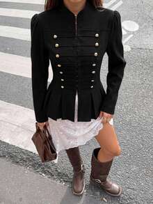 Siren Gaze Autumn/Winter New Vintage Napoleon Style Waist-Cinching Jacket For Women - Black - View 10