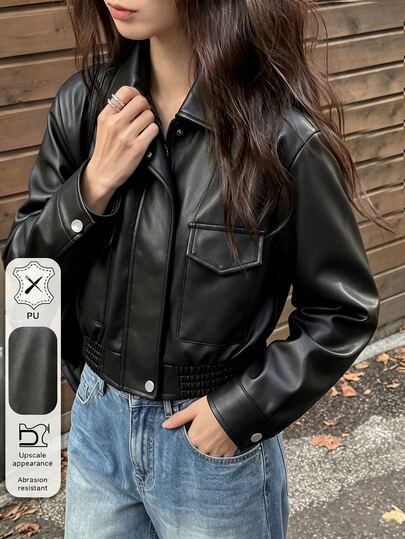 Girls' PU Jacket, Black Short Motorcycle Jacket, Streetwear Fashion Jacket