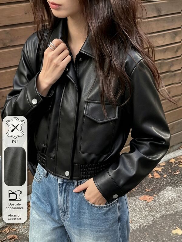 Girls' PU Jacket, Black Short Motorcycle Jacket, Streetwear Fashion Jacket