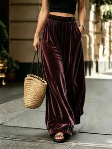 LUMIGAL Women's Elegant Coffee-Colored Velvet Wide-Leg Pants - Coffee Brown - View 6