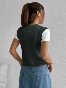 Rivivi Sweet Casual Cottagecore Vintage Versatile Embroidered Knit Vest Everyday Dark Grey Summer - Multicolor - View 2