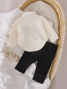 SHEIN 2件組女嬰新生兒秋季套裝 白色休閒圖案款 - 黑與白 - 查看 2