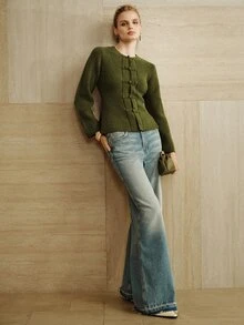 Arave Women's Sweater Top Slim Fit Waist Defining Chinese Frog Buttons Round Neck Ribbed Texture Retro Elegant Old Money Green Fall Clothes For Women Sweate - Army Green - View 4
