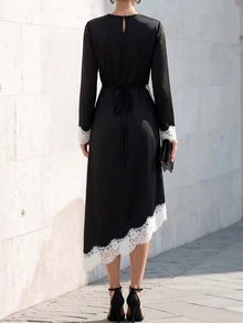 SHEIN Women's Contrast Lace Round Neck Long Sleeve Elegant Asymmetric Hem Dress - Black - View 2