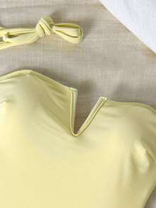 Bonvoyette Women's Summer Vacation Polka Dot Print Detachable Shoulder Strap Bandeau V-Neck Ruffle Trim One-Piece Swimsuit - Pale Yellow - View 5
