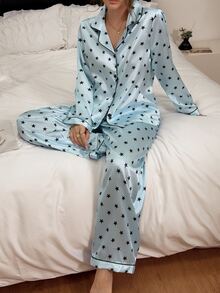 Napfluff Star Print Faux Silk Open Front Long Sleeve Women's Pajama Set - Blue - View 6