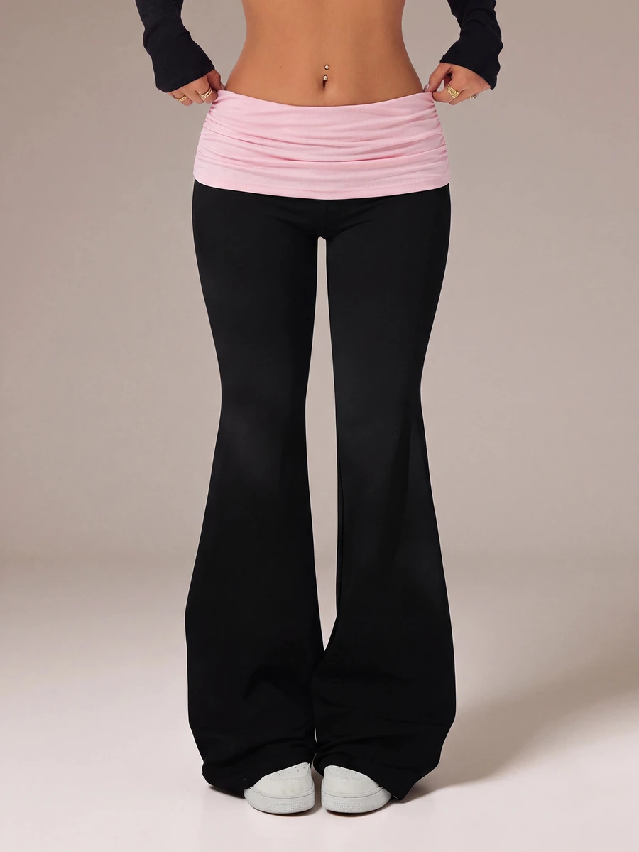 SHEIN Tall Contrast Color Folded Waist Flare Pants - Multicolor - View 1