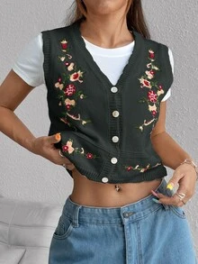 Rivivi Sweet Casual Cottagecore Vintage Versatile Embroidered Knit Vest Everyday Dark Grey Summer - Multicolor - View 5