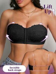 SHEIN Women's Sexy Lace Wireless Front Closure Push-Up Backless Invisible Bra 2pcs/Set - Black and White - View 5