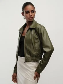 Aveloria Modichic Women's Jacket Cropped Bomber PU Zip Up Lapel Elastic Hem Long Sleeve Pockets Streetwear Cool Casual Vintage Olive Green Solid Jacket Women's Jacket - Army Green - View 4