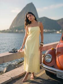 CAJUNI Women's Solid Color Casual Tropical Romantic Daily Vacation Brunch Summer Travel Spaghetti Strap Dress Yellow - Yellow - View 4